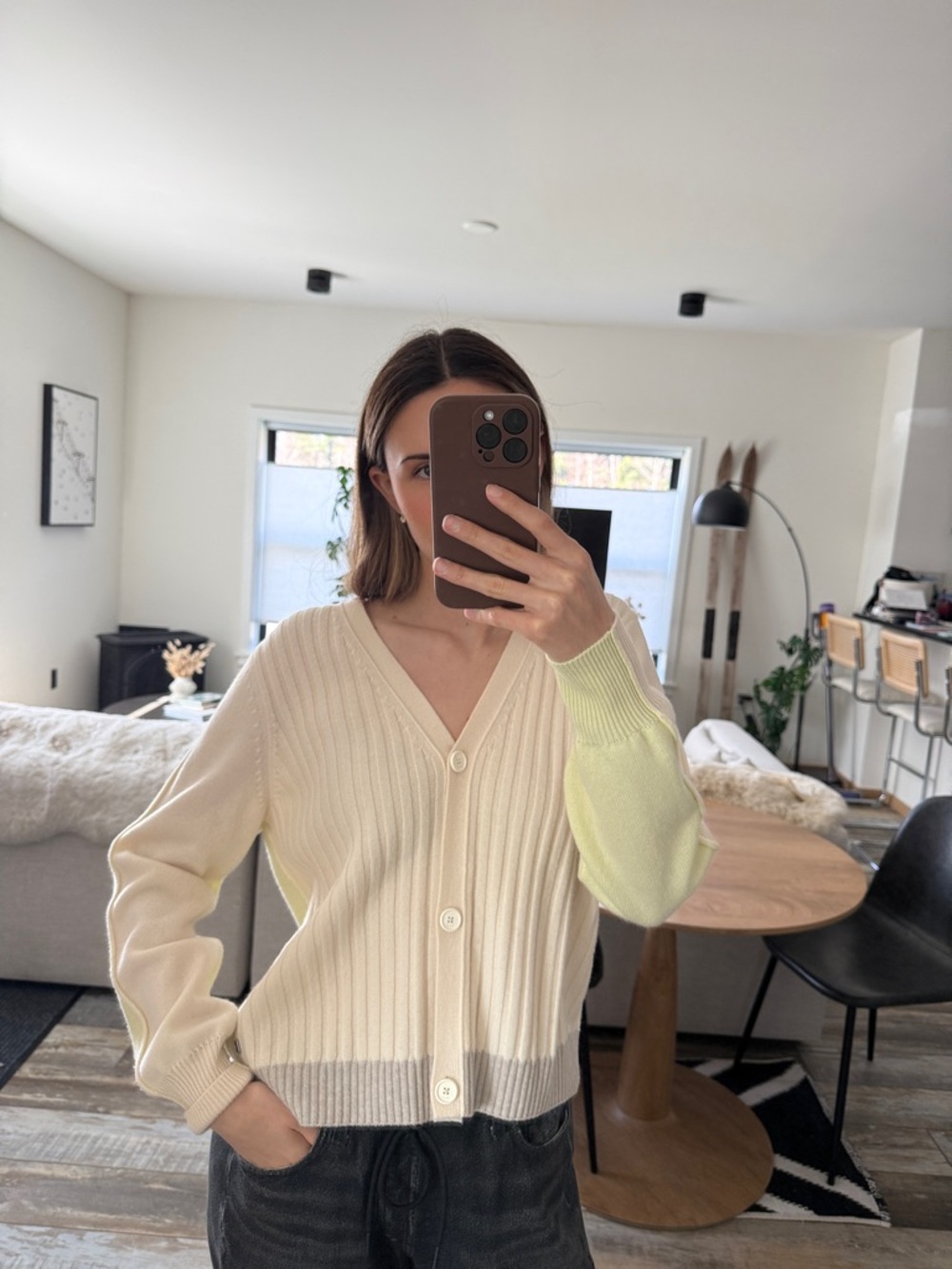 Cream & Pale Green Ribbed V-Neck Cardigan Sweater